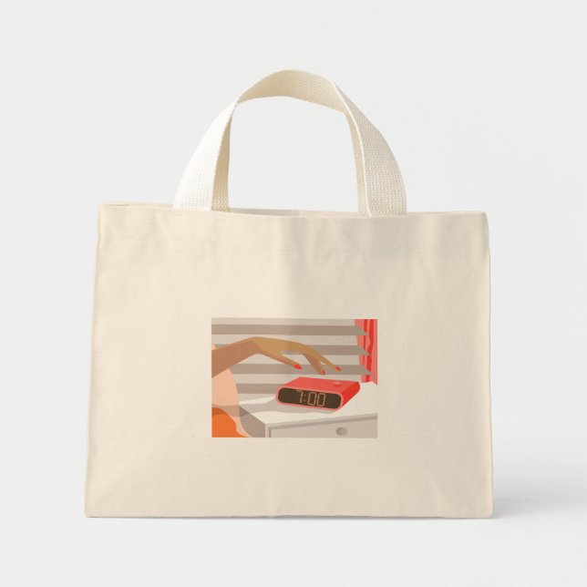 Womans hand pushing on alarm clock snooze button mini tote bag (Front)