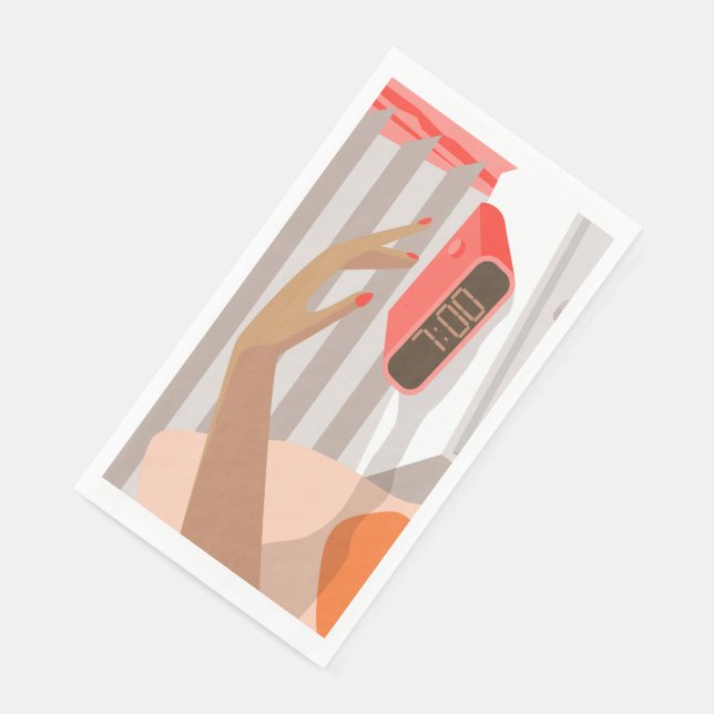 Womans hand pushing on alarm clock snooze button napkin (Corner)