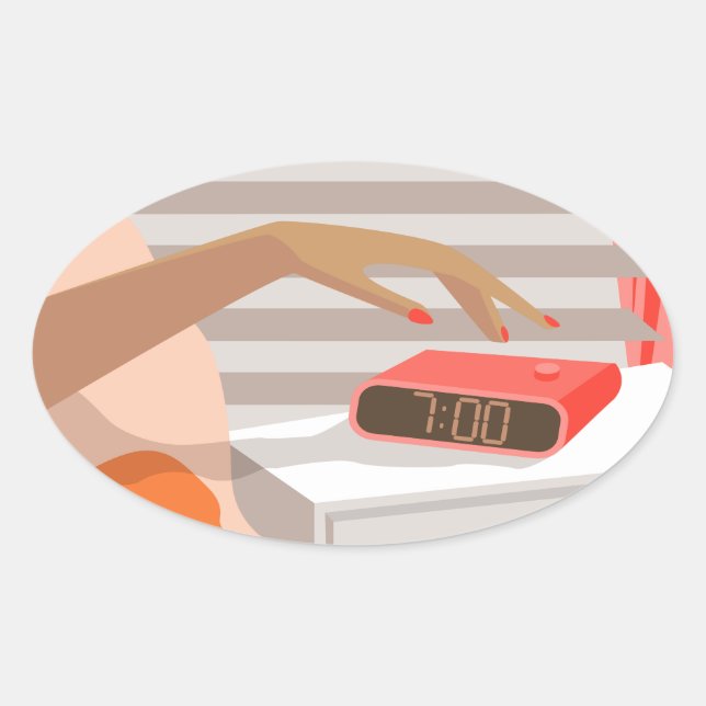Womans hand pushing on alarm clock snooze button oval sticker (Front)