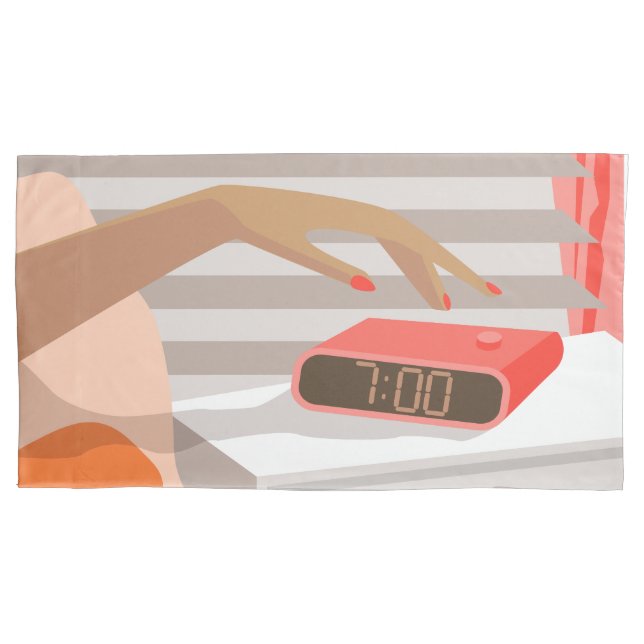 Womans hand pushing on alarm clock snooze button pillowcase (Front)