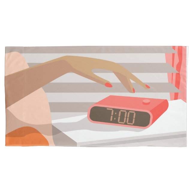 Womans hand pushing on alarm clock snooze button pillowcase (Front-Left)