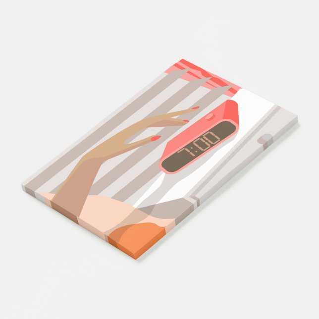 Womans hand pushing on alarm clock snooze button post-it notes (Angled)