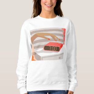 Womans hand pushing on alarm clock snooze button sweatshirt