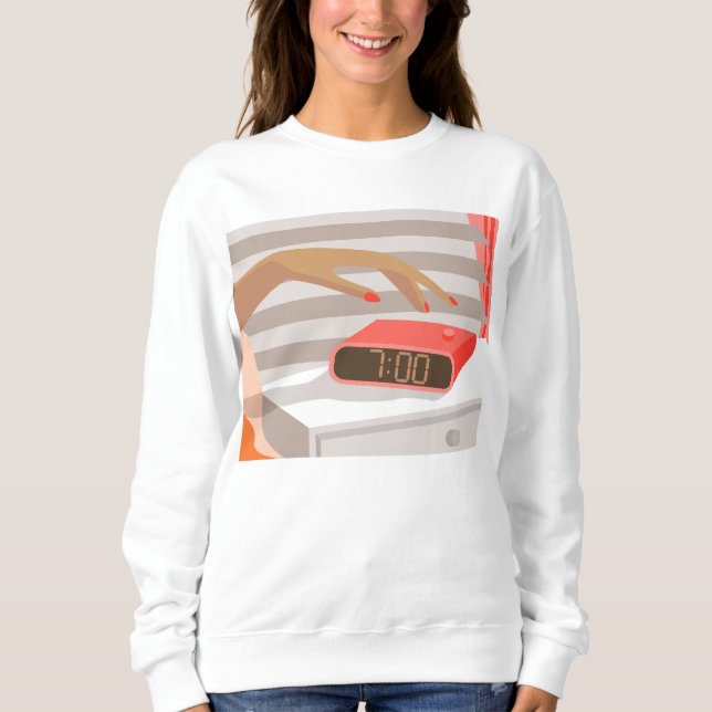 Womans hand pushing on alarm clock snooze button sweatshirt (Front)