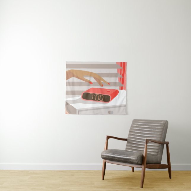 Womans hand pushing on alarm clock snooze button tapestry (In Situ (Horizontal))