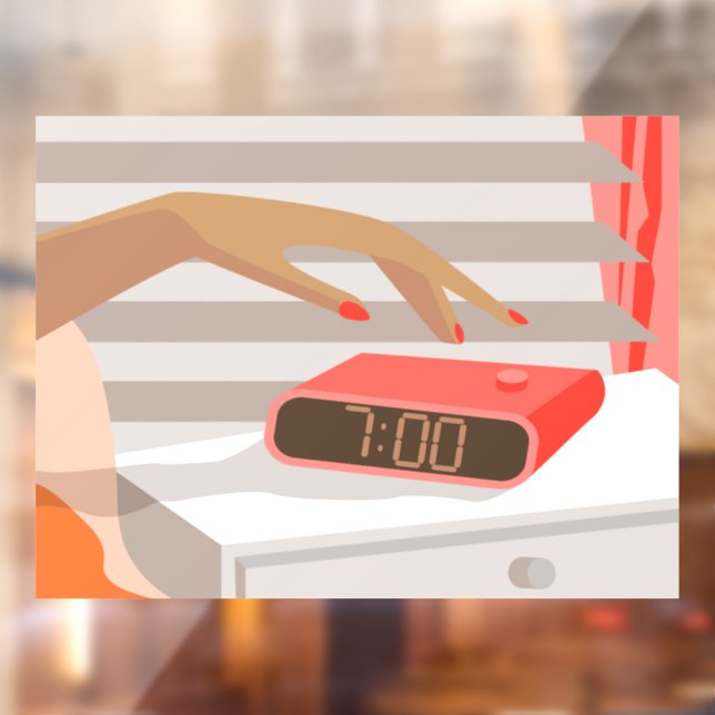 Womans hand pushing on alarm clock snooze button window cling (Sheet 2)