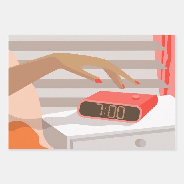 Womans hand pushing on alarm clock snooze button wrapping paper sheet (Front)