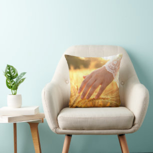 Woman's Hand Touching Wheat Tassels Throw Pillow