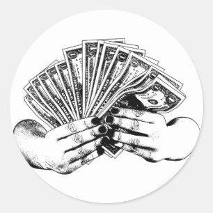 Womans hands holding money cash dollar bills art classic round sticker