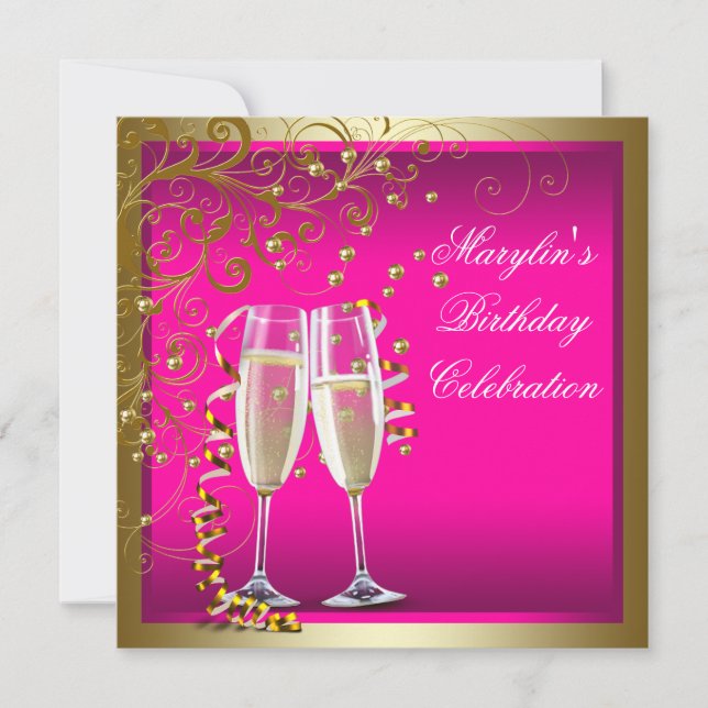 Womans Hot Pink Gold Birthday Party Invitation (Front)
