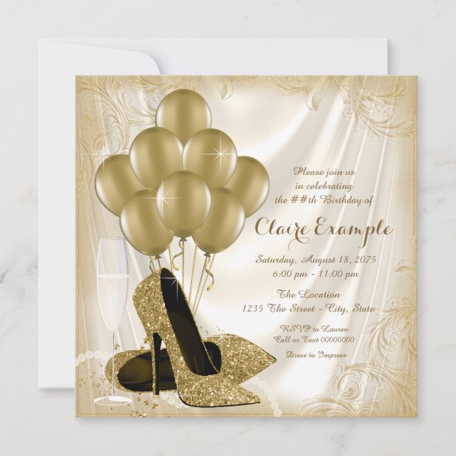 Womans Ivory and Gold Birthday Party Satin Glitter Invitation (Front)