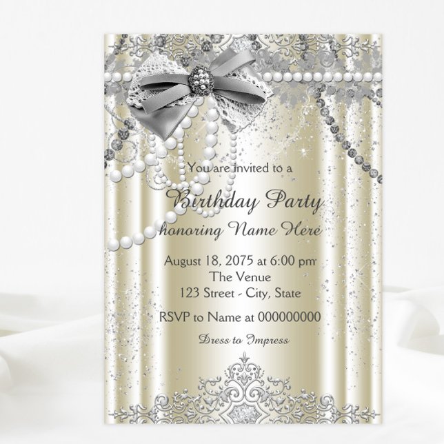 Womans Ivory Pearl Birthday Party Invitation (Elegant any event or party invitation. All of the text can be changed.)