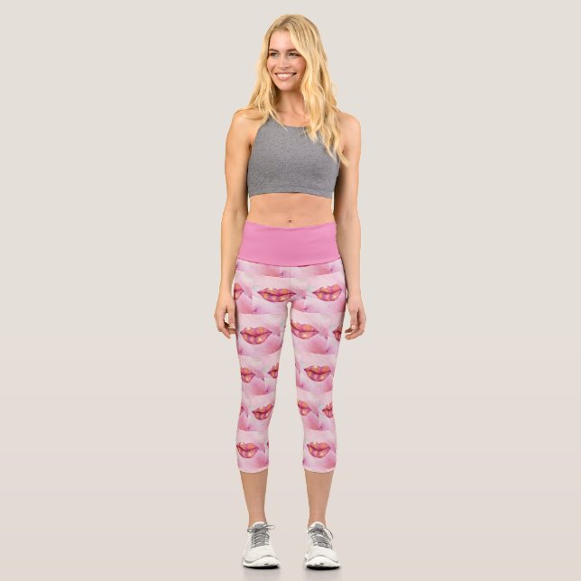 Woman's Lip Capri Leggings in Pink (Front)