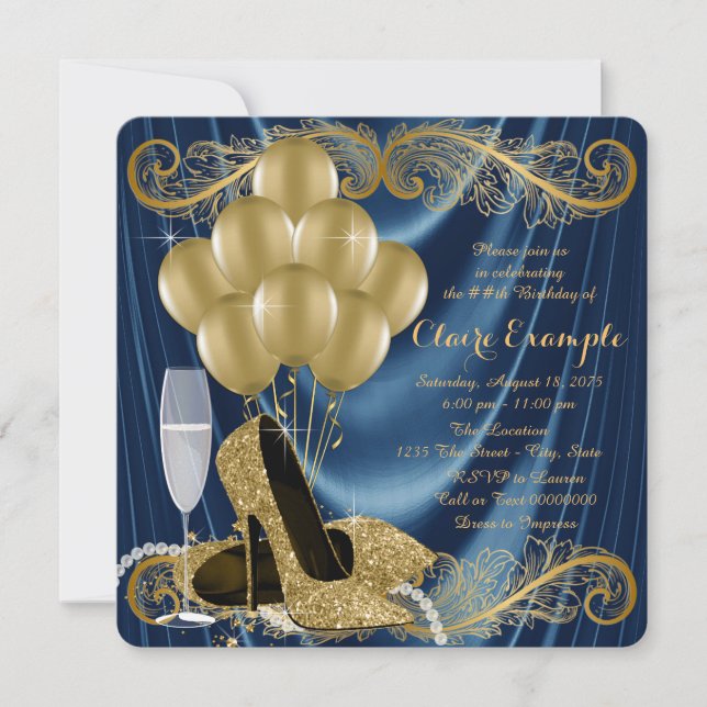 Womans Midnight Blue and Gold Birthday Party Glam Invitation (Front)