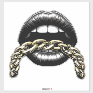 womans mouth lips with gold chain art illustration