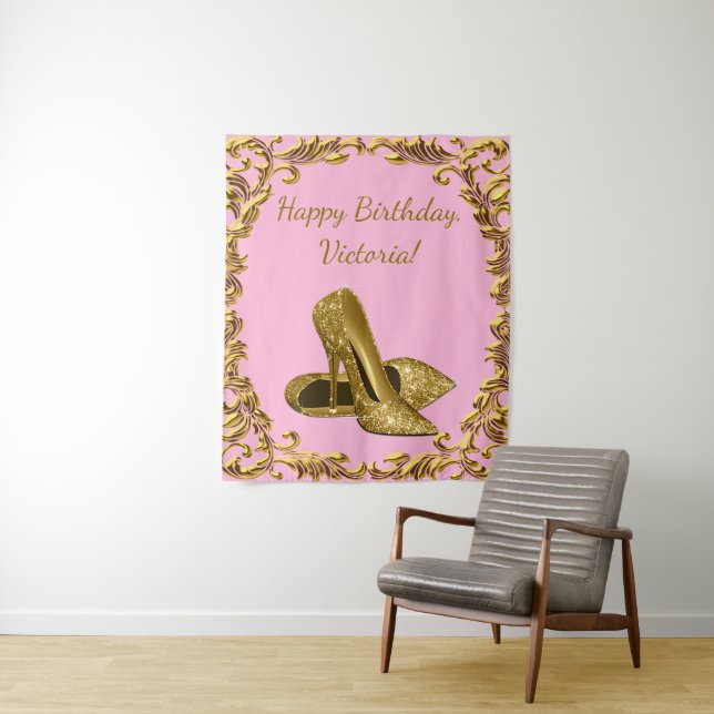 Womans Pink Gold High Heel Birthday M Backdrop Tapestry (In Situ)