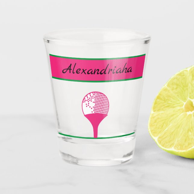 Woman's Pink Golf Ball on Tee Golfer Name Shot Glass (Front)