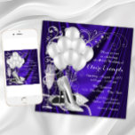 Womans Purple and Silver Birthday Party Luxe Invitation<br><div class="desc">Purple and silver birthday party invitation featuring beautiful silver glitter high heel shoes, balloons, champagne pearls and elegant silver swirls on a luxurious purple satin background. This elegant purple and silver birthday party invitation is easily customized for your event by simply adding your details in the font style and colour,...</div>