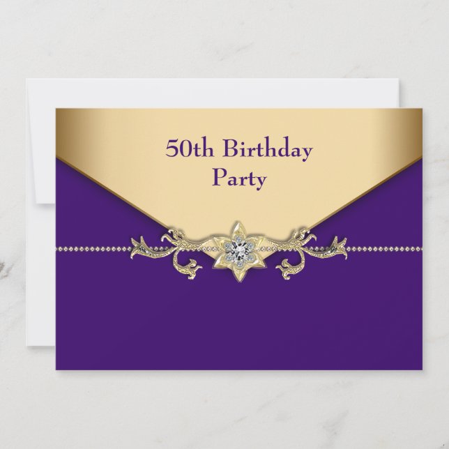 Womans Purple Gold 50th Birthday Party Invitation (Front)