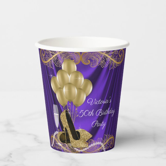 Womans Purple Gold Birthday Party Paper Cups (Front)