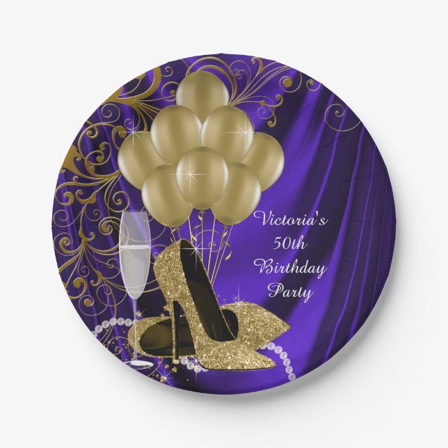 Womans Purple Gold Birthday Party Paper Plates (Front)