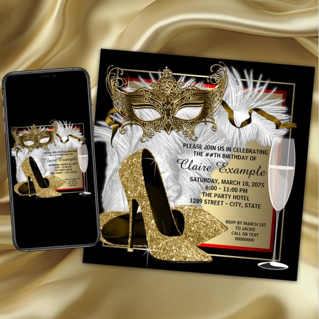 Womans Red and Gold Masquerade Party Invitation (Womans masquerade birthday party invitation with elegant mask, shoes, feathers and champagne glass.)