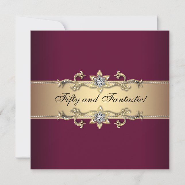 Womans Red Wine Gold 50th Birthday Party Invitation (Front)