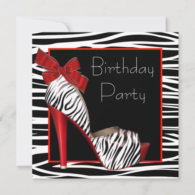 Womans Red Zebra Birthday Party Invitations (Front)