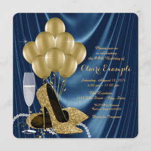 Womans Royal Blue and Gold Birthday Party Satin Invitation