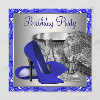 Womans Royal Blue and Silver Birthday Party Invitation