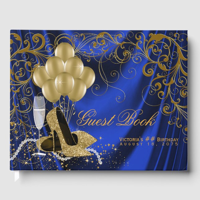 Womans Royal Blue Gold Birthday Guest Book (Front)