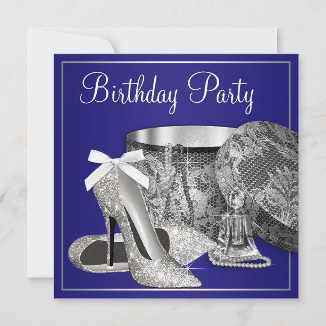 Womans Royal Blue Silver Birthday Party Invitation (Front)