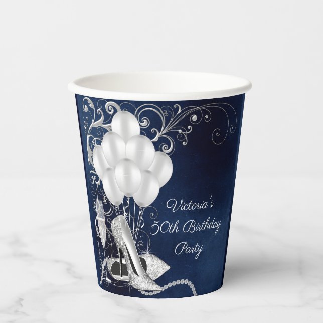 Womans Royal Blue Silver Birthday Party Paper Cups (Front)