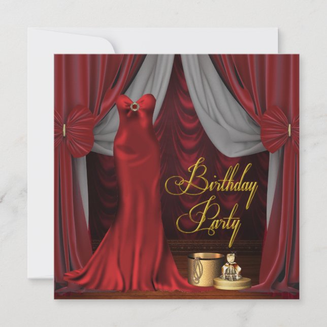 Womans Ruby Red Gold Birthday Party Invitation (Front)