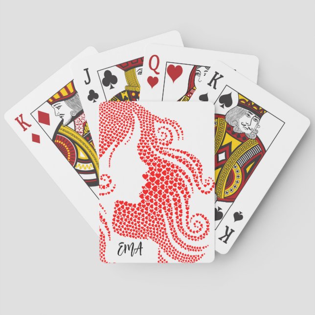 Woman's Silhouette in Tiny Hearts Monogrammed Playing Cards (Back)