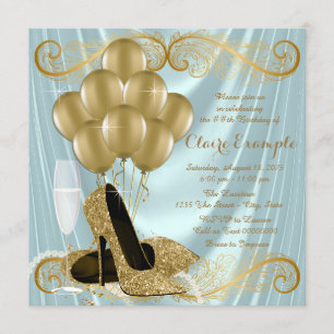 Womans Teal Blue and Gold Birthday Party Glamour Invitation
