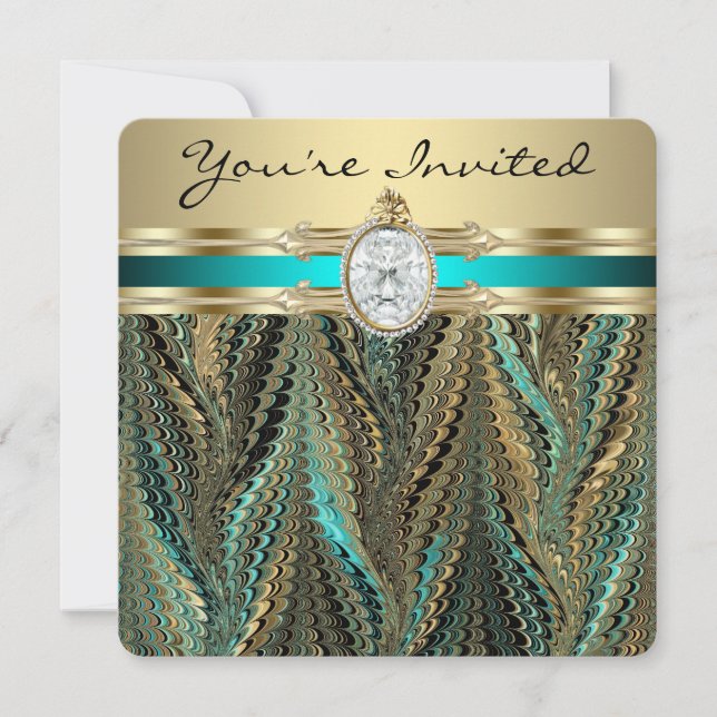 Womans Teal Blue and Gold Birthday Party Invitation (Front)