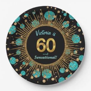 Womans Teal Blue Gold 60th Birthday Party Paper Plate