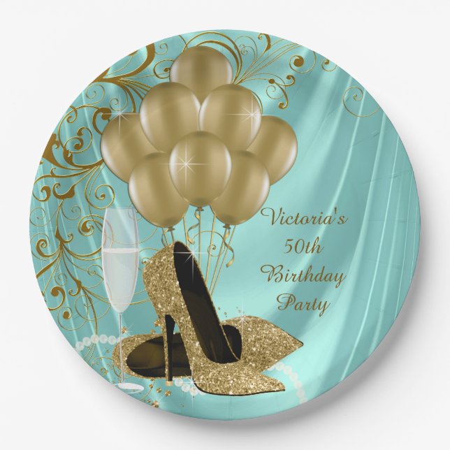 Womans Teal Gold Birthday Party Paper Plates (Front)