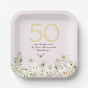 Woman's White Wildflower Simple 50th Birthday Paper Plate