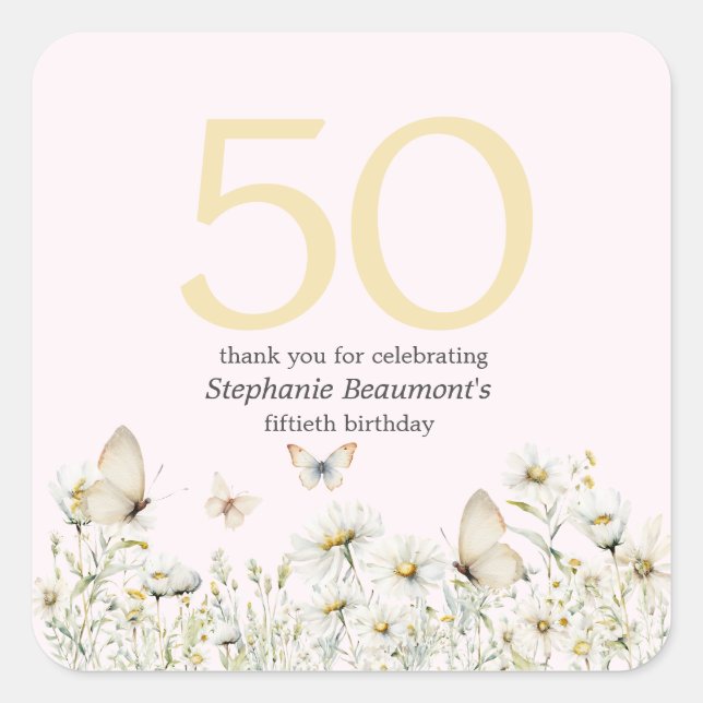 Woman's White Wildflower Simple 50th Birthday Square Sticker (Front)
