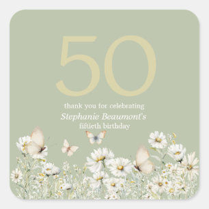 Woman's White Wildflower Surprise 50th Birthday Square Sticker