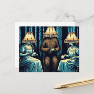 Women and Sasquatch in the Forest Lampshade Hats Postcard
