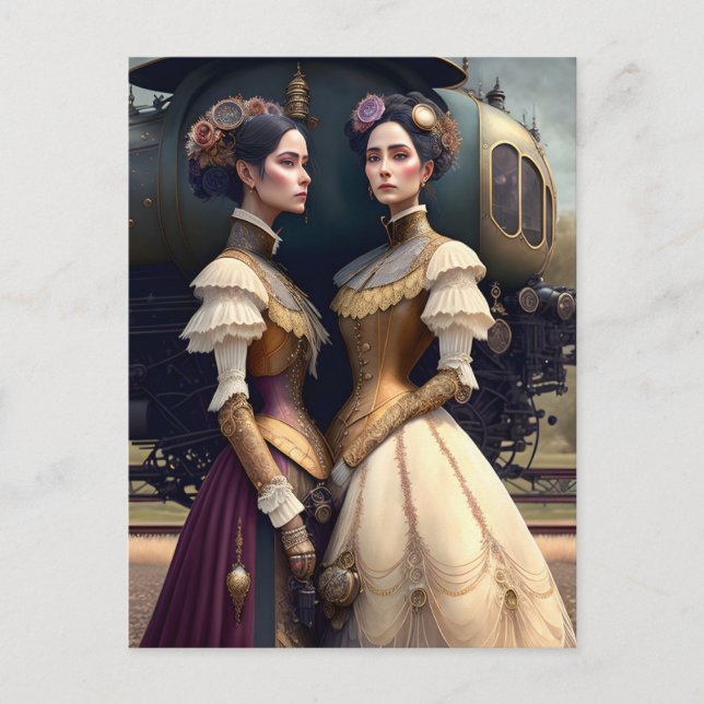 Women at the Victorian Steampunk Train Station Postcard (Front)