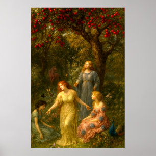 Women, Butterflies & Peacock In Garden Poster