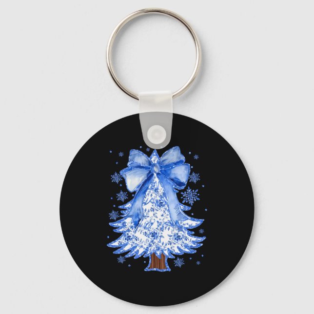 Women Christmas Tree Chinoiserie Blue Floral Coque Keychain (Front)
