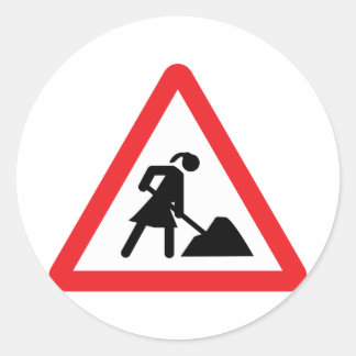 women construction building-site warnsign classic round sticker