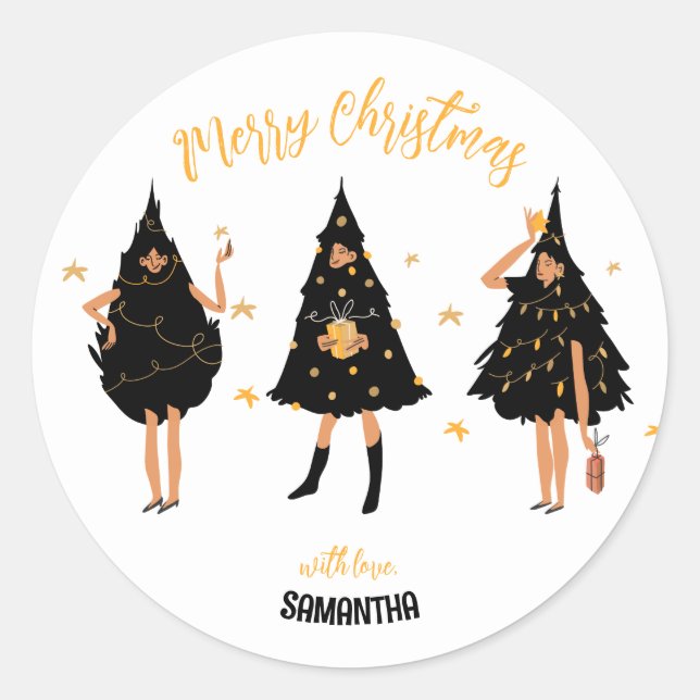 Women Dressed in Black Christmas Tree Classic Round Sticker (Front)