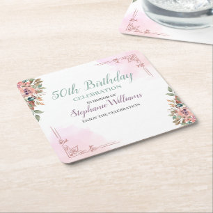 Women Floral Classic Elegant 50th Birthday Party Square Paper Coaster