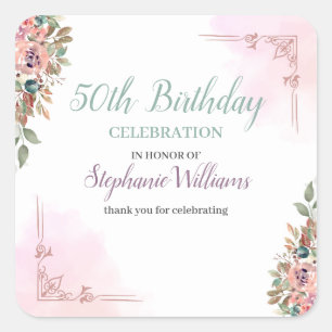 Women Floral Classic Elegant 50th Birthday Party Square Sticker